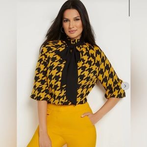 New York & Co Yellow Houndstooth Tie Blouse